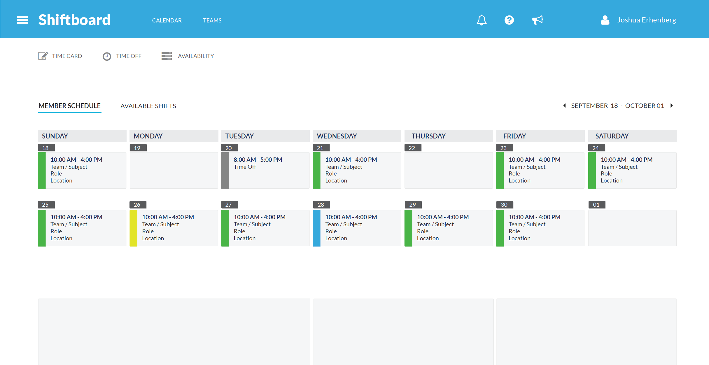 Calendar view with color-coded shifts