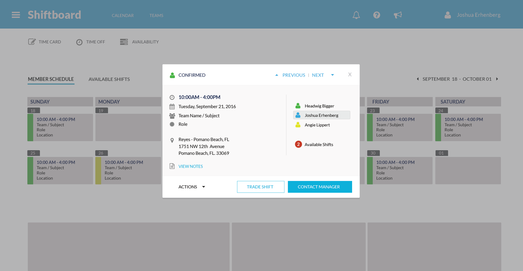 Shift detail with streamlined actions